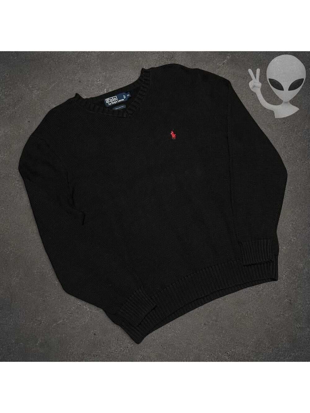 Polo Ralph Lauren V-Neck Sweater Mens US XL Black Red Pony Knit Pullover